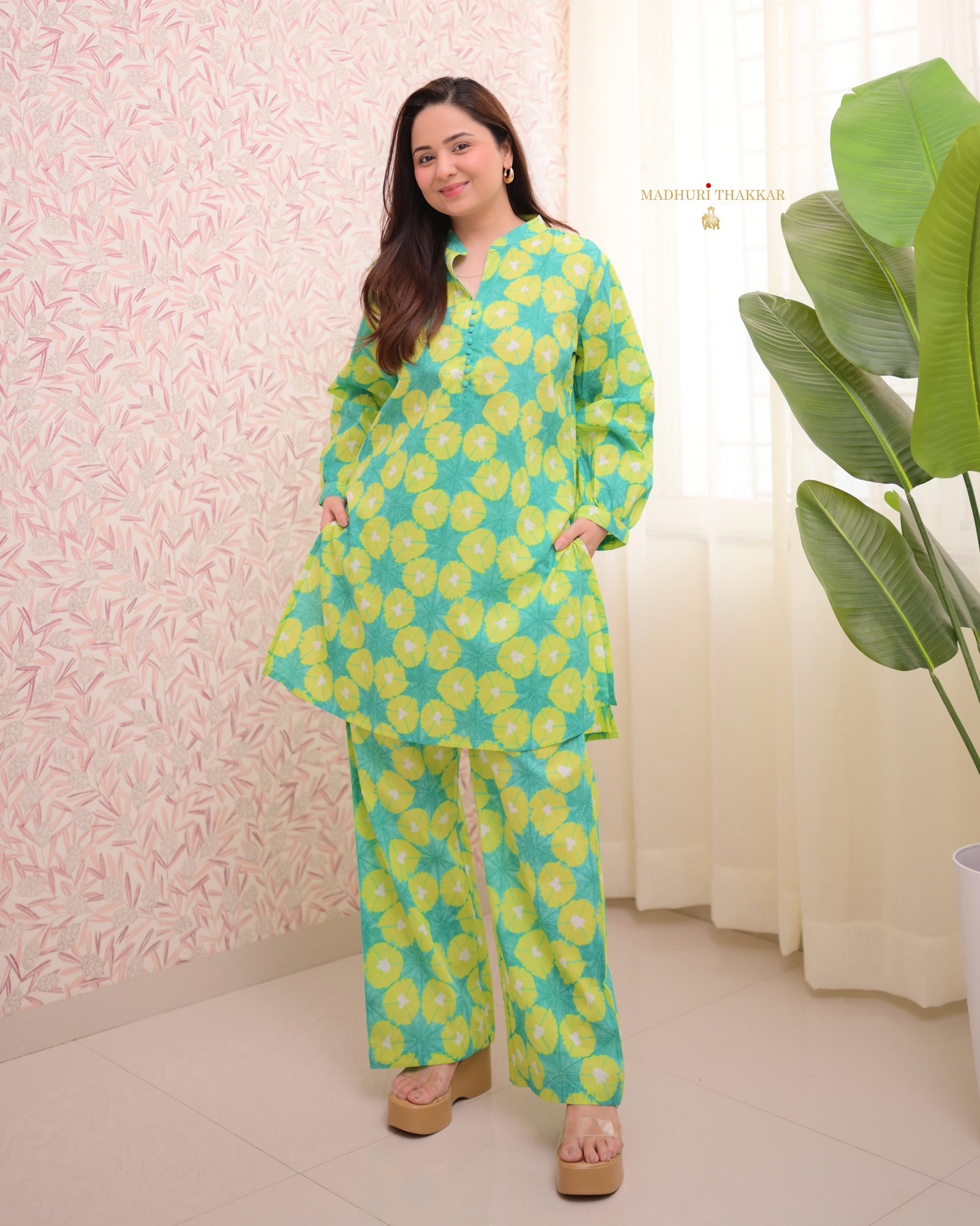 Lime Green 2 Piece Printed Pure Softest Cotton Co-ord Set For
