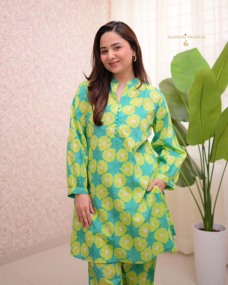 Lime Green Printed Cotton Co-ord