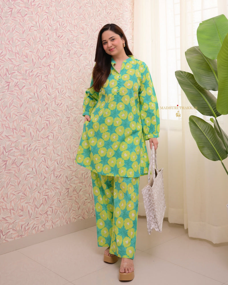 Lime Green Printed Cotton Co-ord
