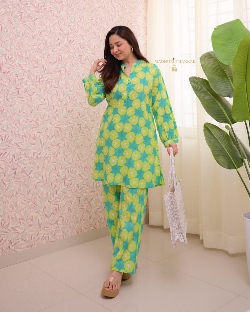 Lime Green Printed Cotton Co-ord