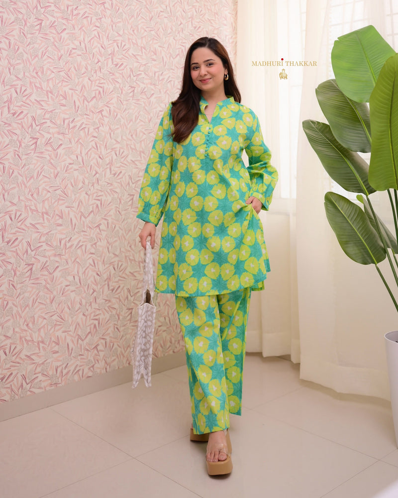 Lime Green Printed Cotton Co-ord