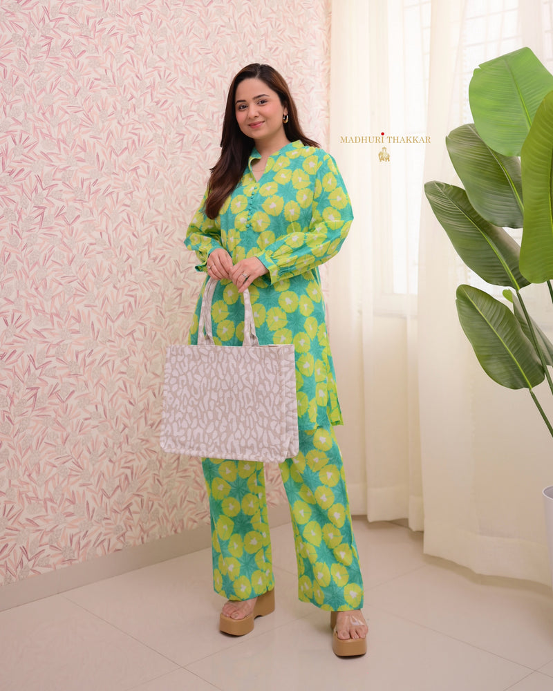 Lime Green Printed Cotton Co-ord