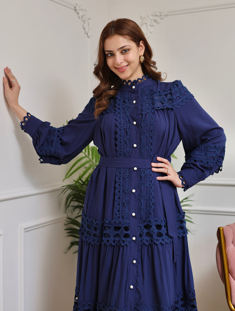 Blue Charm Schiffli Flared Cotton Dress