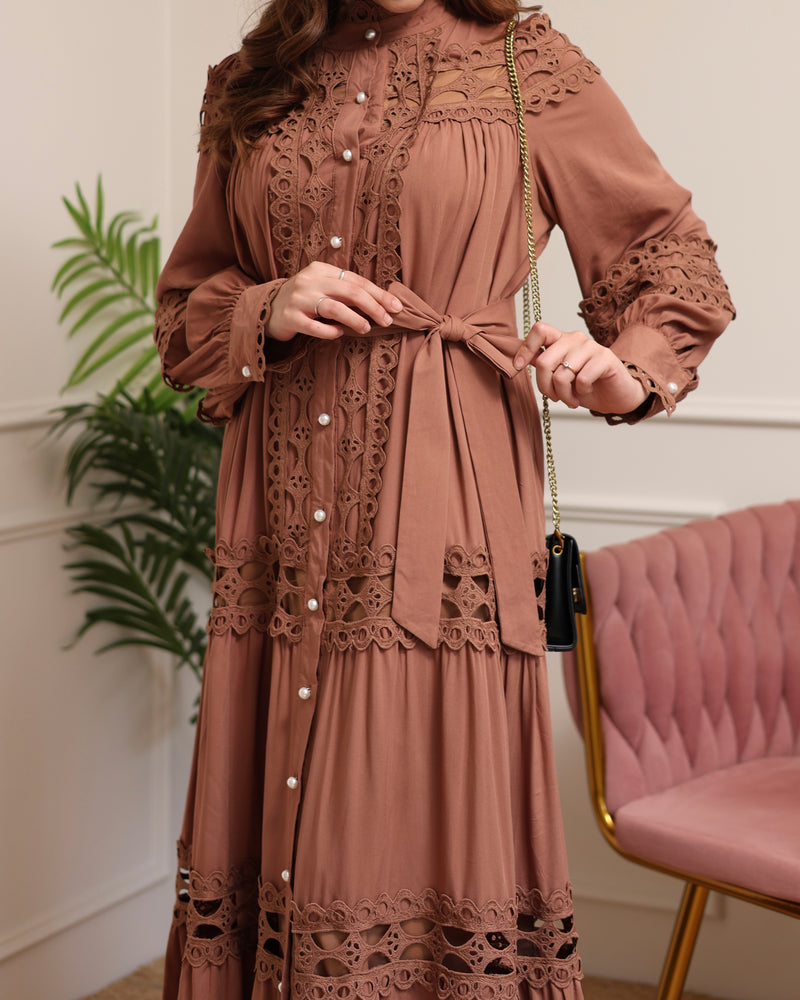 Brown Charm Schiffli Flared Cotton Dress