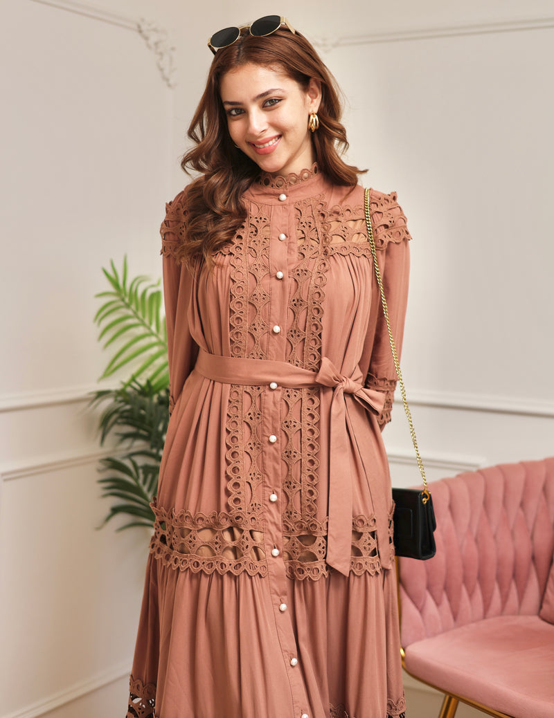Brown Charm Schiffli Flared Cotton Dress