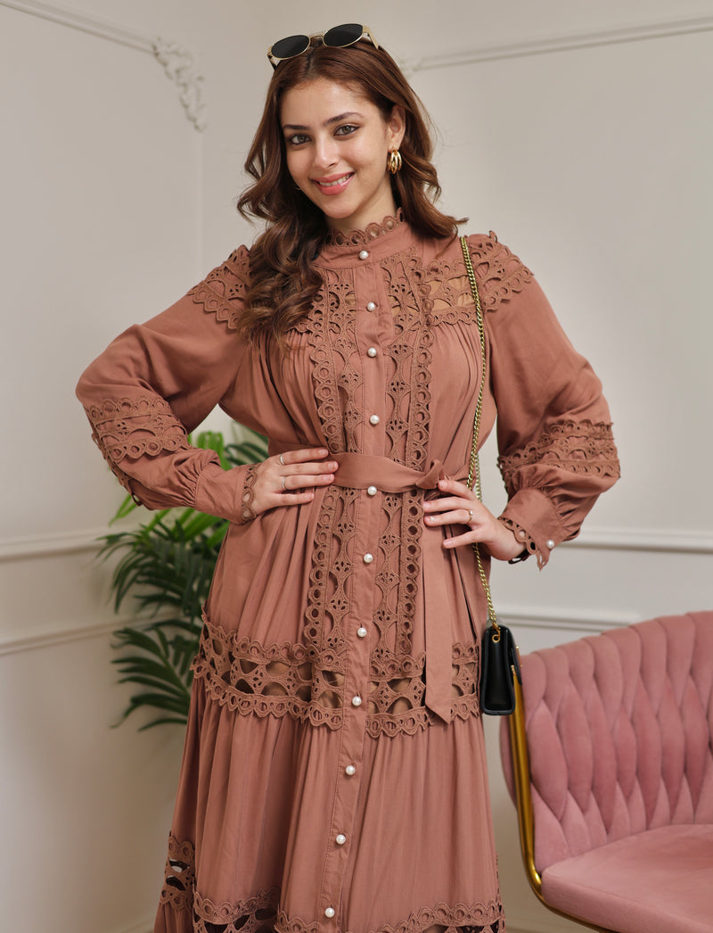 Brown Charm Schiffli Flared Cotton Dress