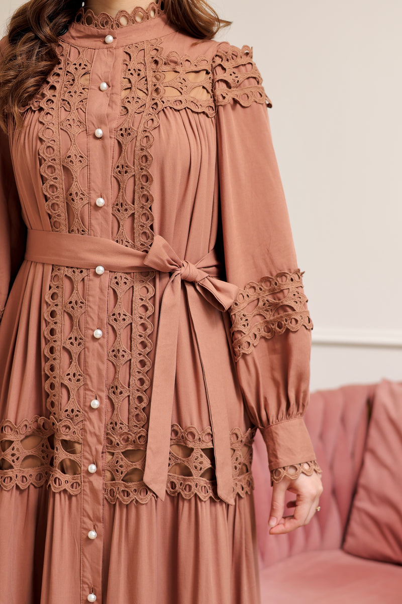 Brown Charm Schiffli Flared Cotton Dress