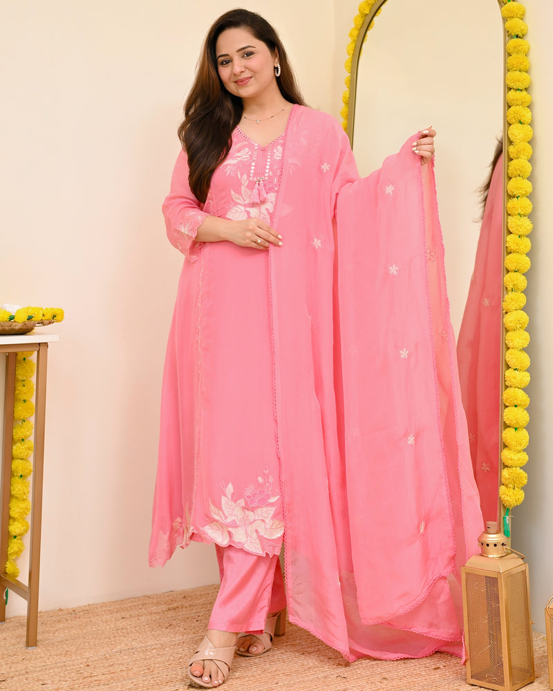 Pink Petals Resham Work A Line Organza Suit