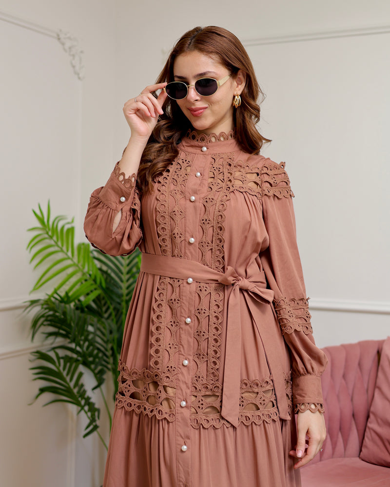 Brown Charm Schiffli Flared Cotton Dress
