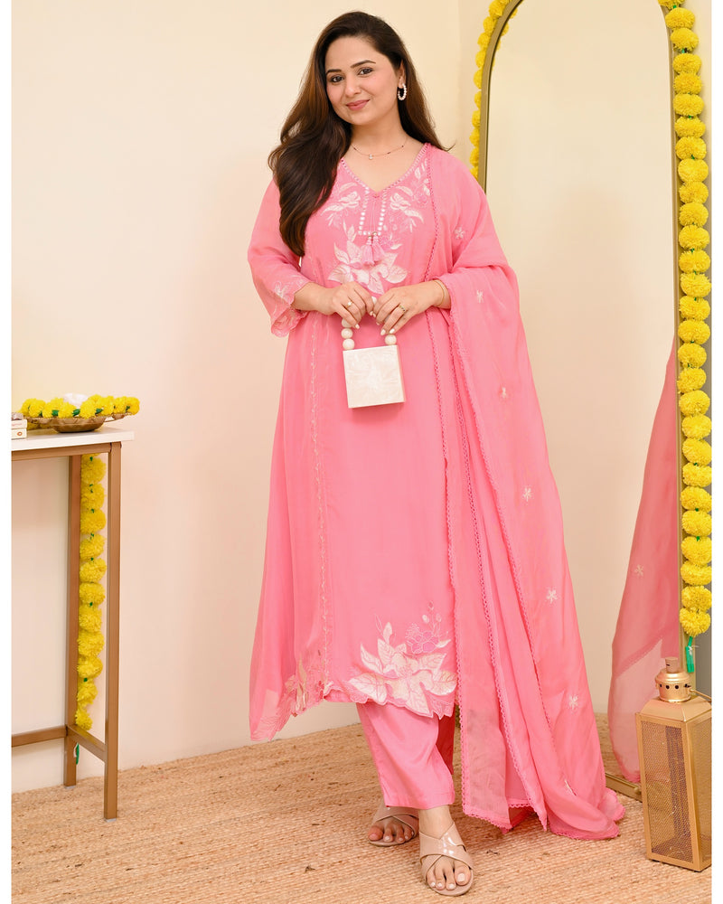 Pink Petals Resham Work A Line Organza Suit