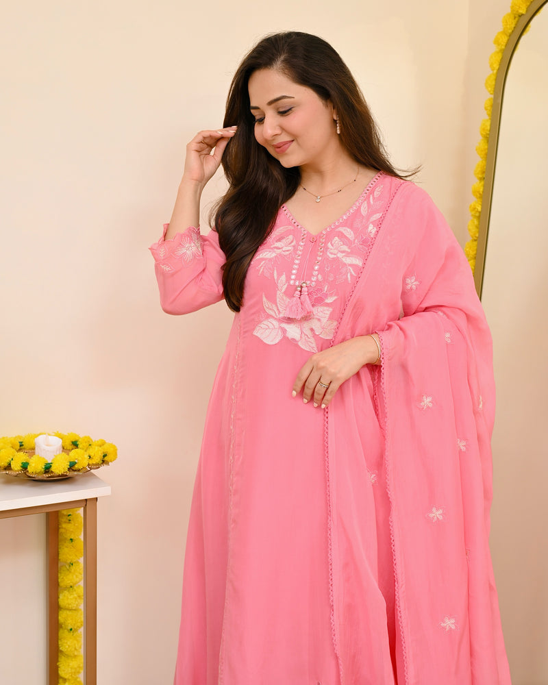 Pink Petals Resham Work A Line Organza Suit