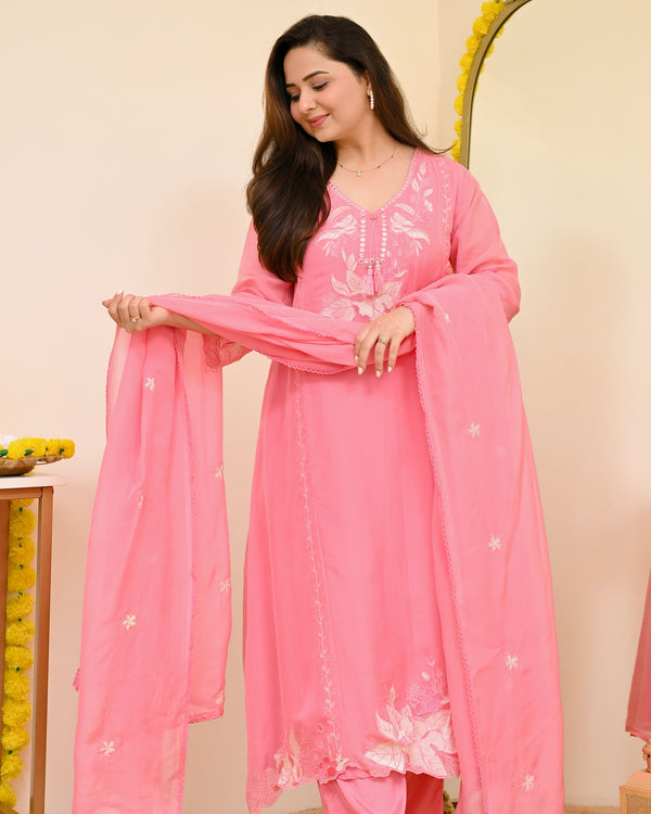 Pink Petals Resham Work A Line Organza Suit