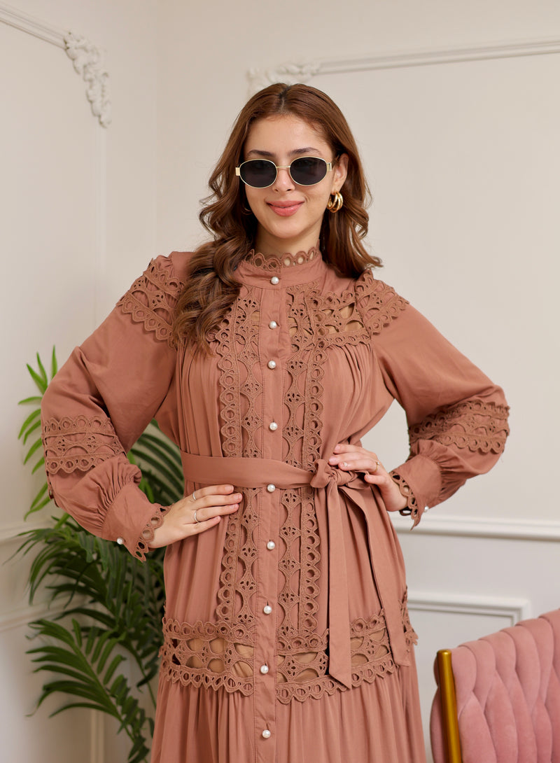Brown Charm Schiffli Flared Cotton Dress