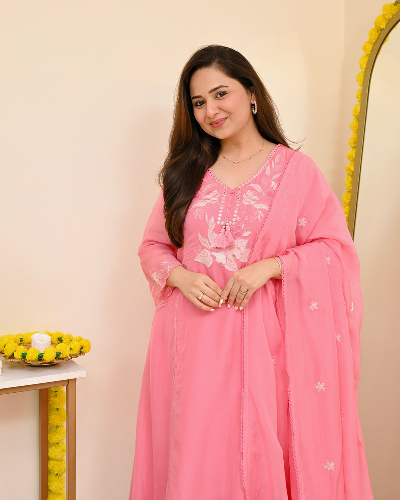 Pink Petals Resham Work A Line Organza Suit