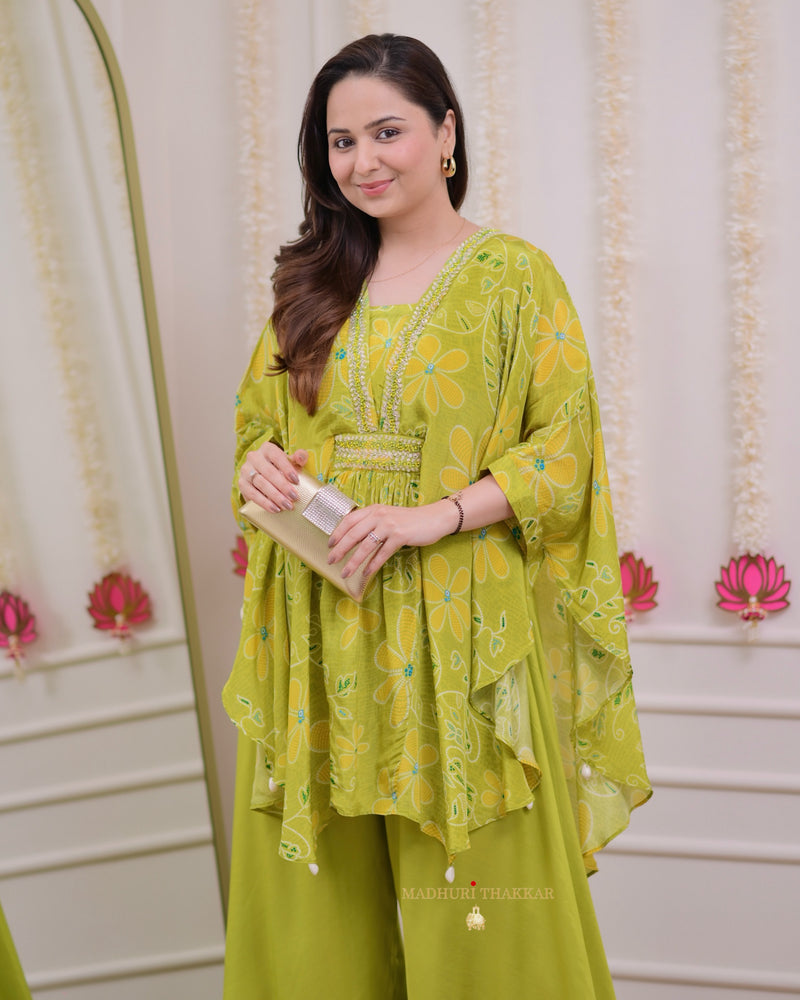 Greenish Yellow Handwork Crepe Kaftan Sharara Set