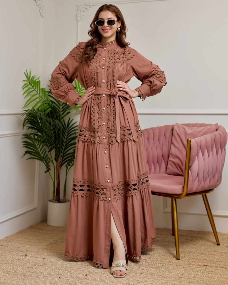 brown schiffli dress Destiny Brown Schiffli Cotton Maxi Dress with Tassel Details