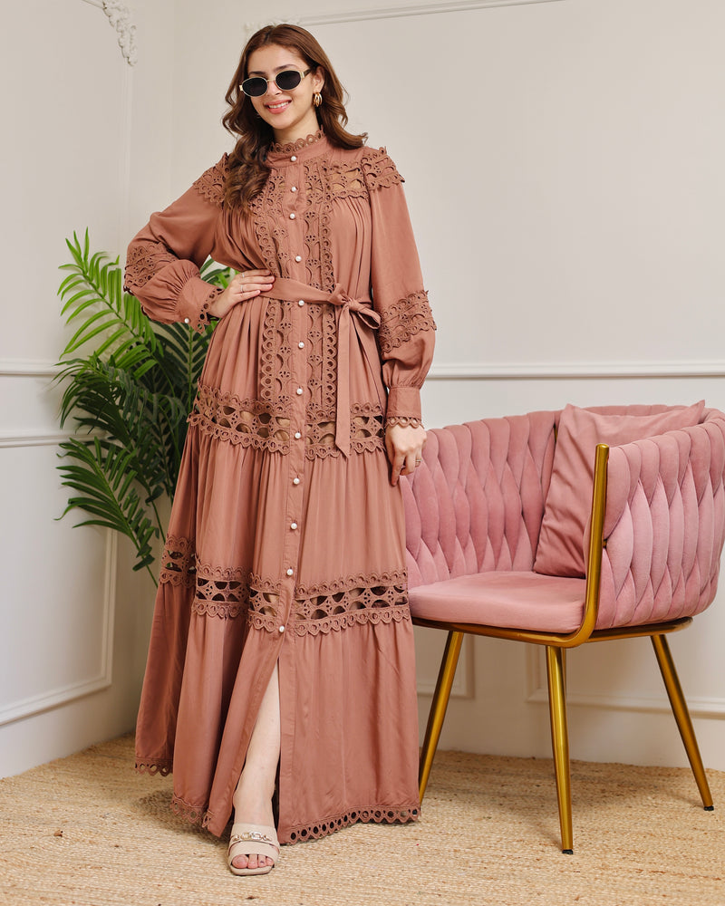 Brown Charm Schiffli Flared Cotton Dress