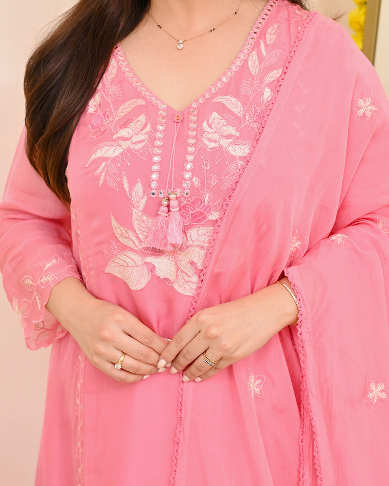 Pink Petals Resham Work A Line Organza Suit
