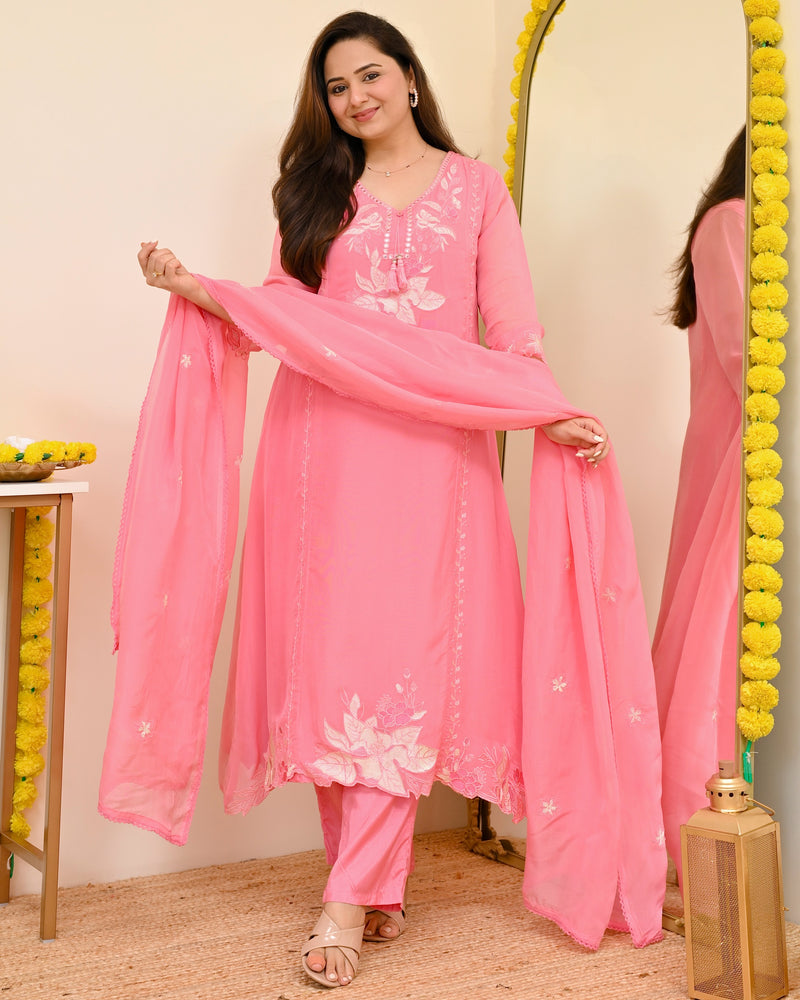 Pink Petals Resham Work A Line Organza Suit