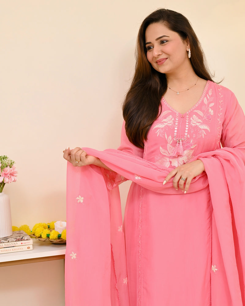 Pink Petals Resham Work A Line Organza Suit