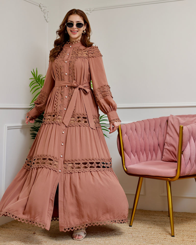 Brown Charm Schiffli Flared Cotton Dress