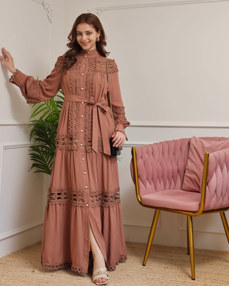 Brown Charm Schiffli Flared Cotton Dress