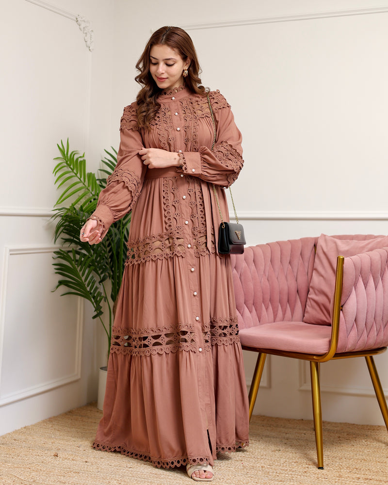 Brown Charm Schiffli Flared Cotton Dress