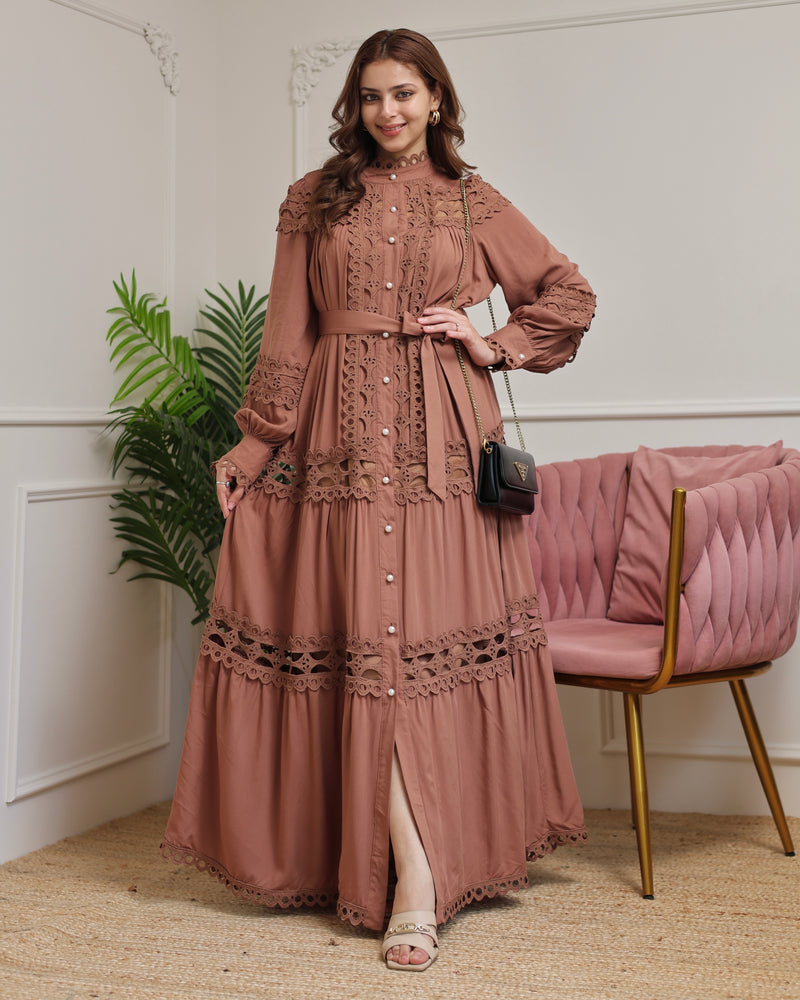 Brown Charm Schiffli Flared Cotton Dress