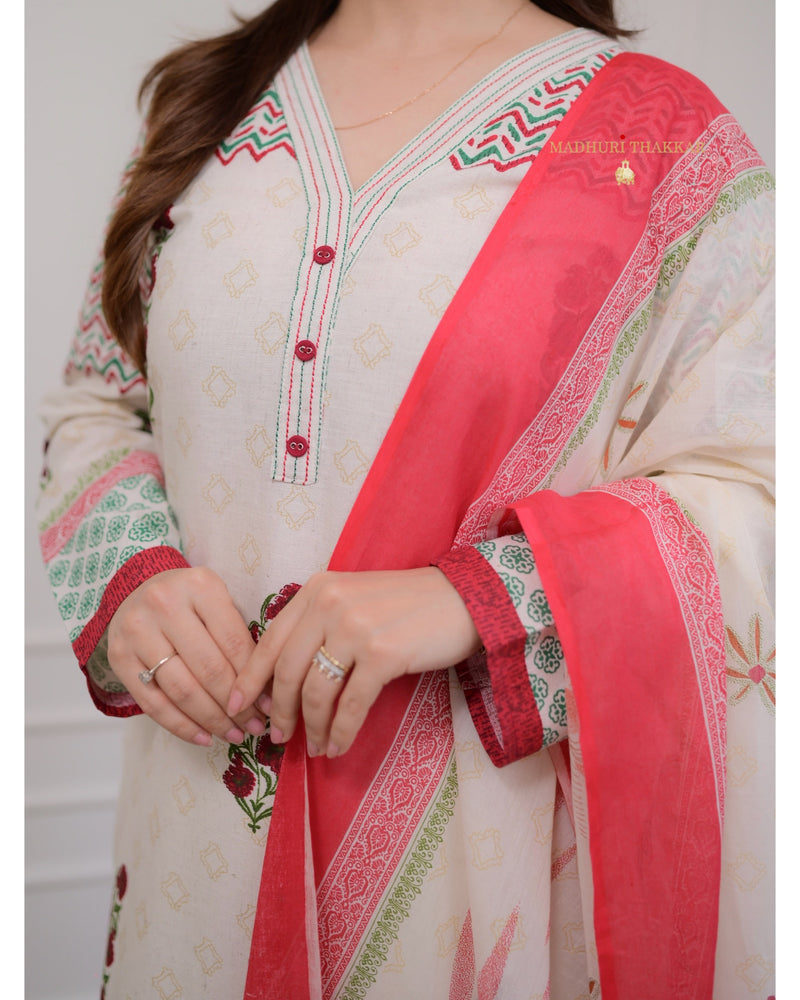 Ivory Red Floral Cotton Suit