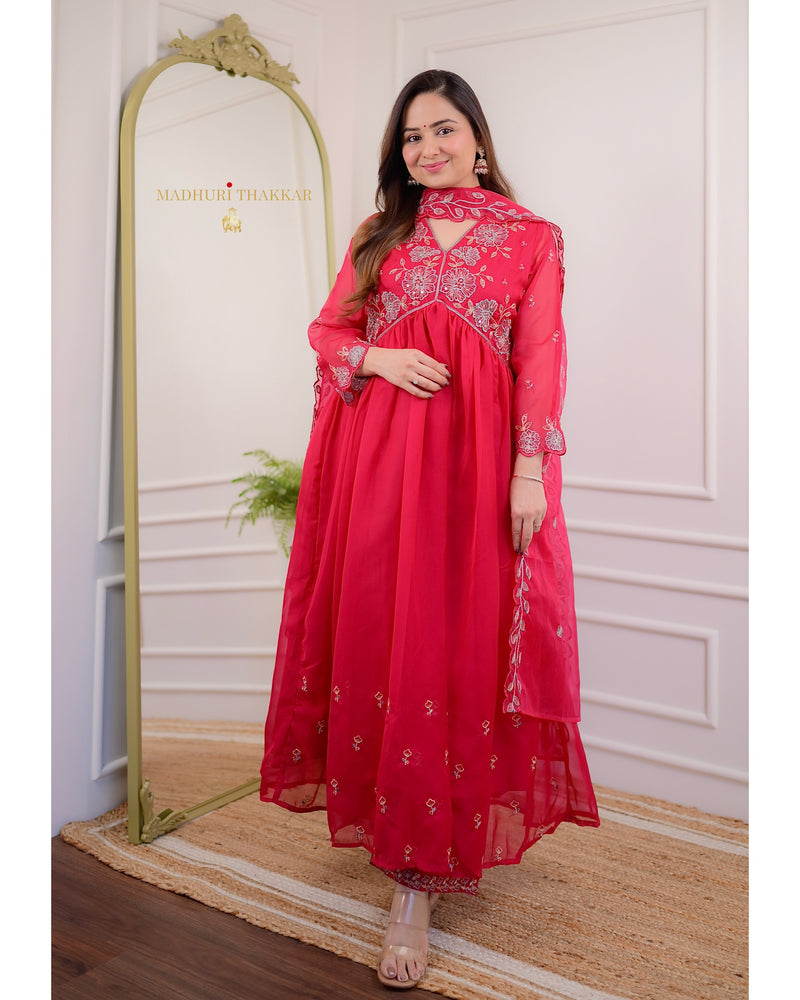 Red Organza Handwork A Line Suit