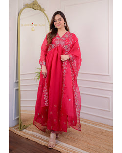 Red Organza Handwork A Line Suit