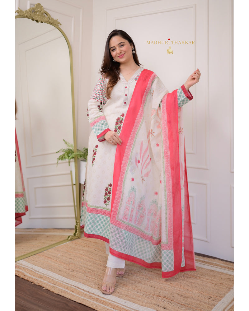 Ivory Red Floral Cotton Suit