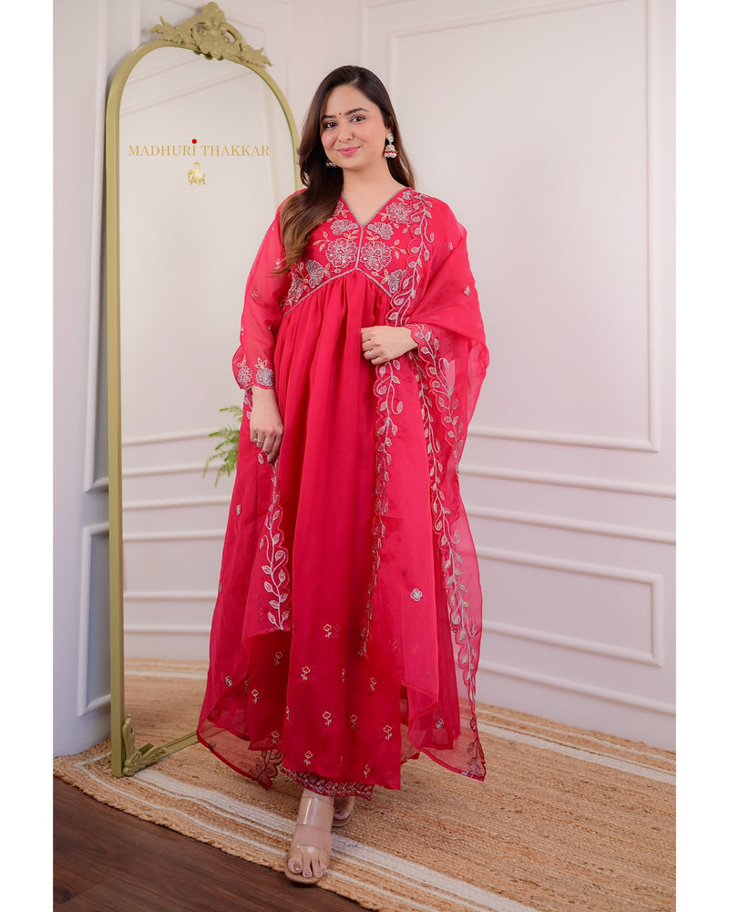 Red Organza Handwork A Line Suit