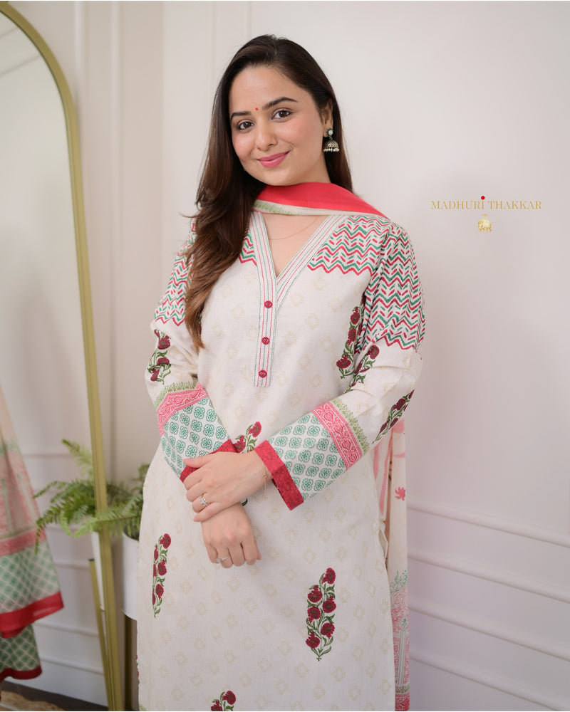 Ivory Red Floral Cotton Suit