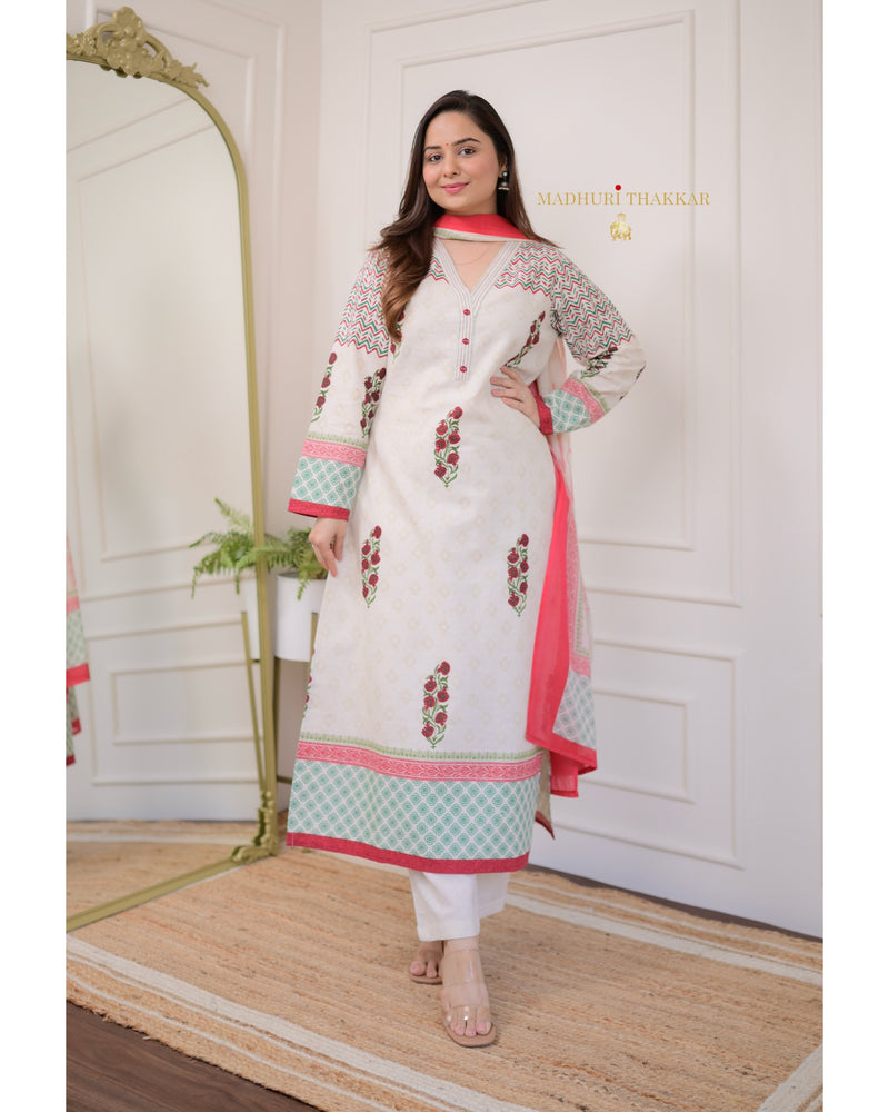 Ivory Red Floral Cotton Suit