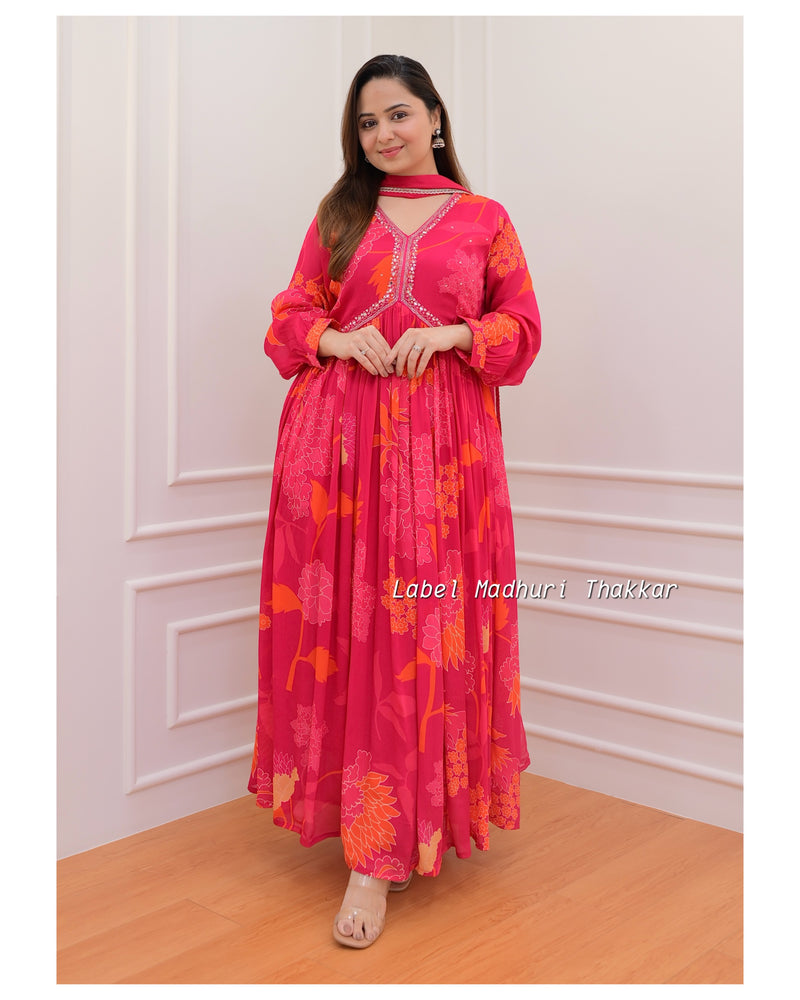 Rani Pink Handwork Floral Anarkali