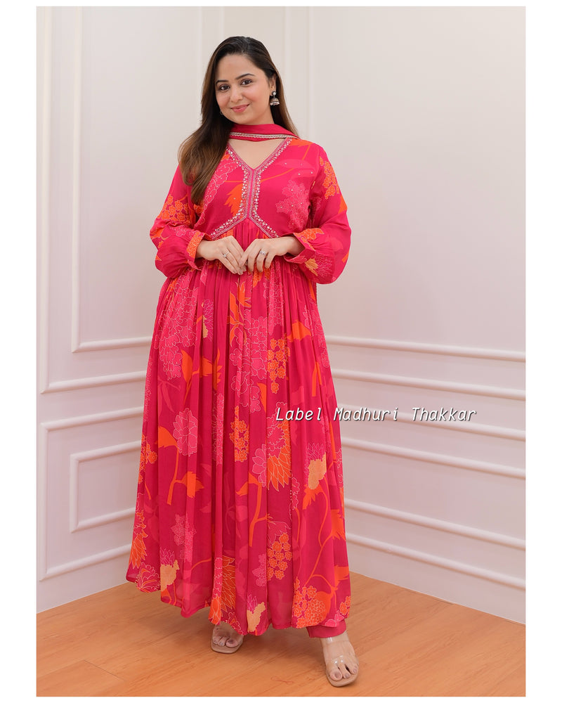 Rani Pink Handwork Floral Anarkali