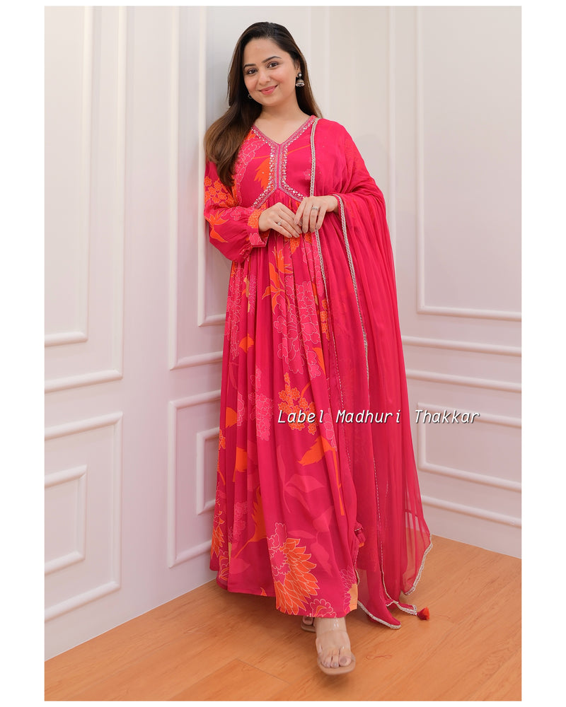Rani Pink Handwork Floral Anarkali