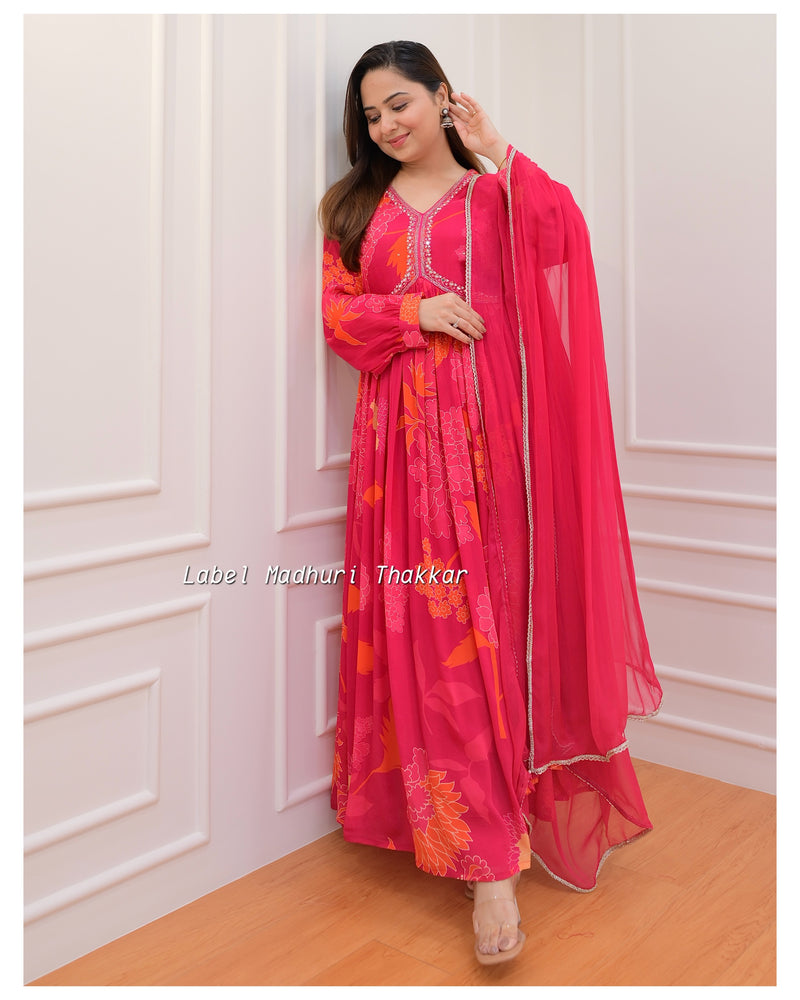 Rani Pink Handwork Floral Anarkali