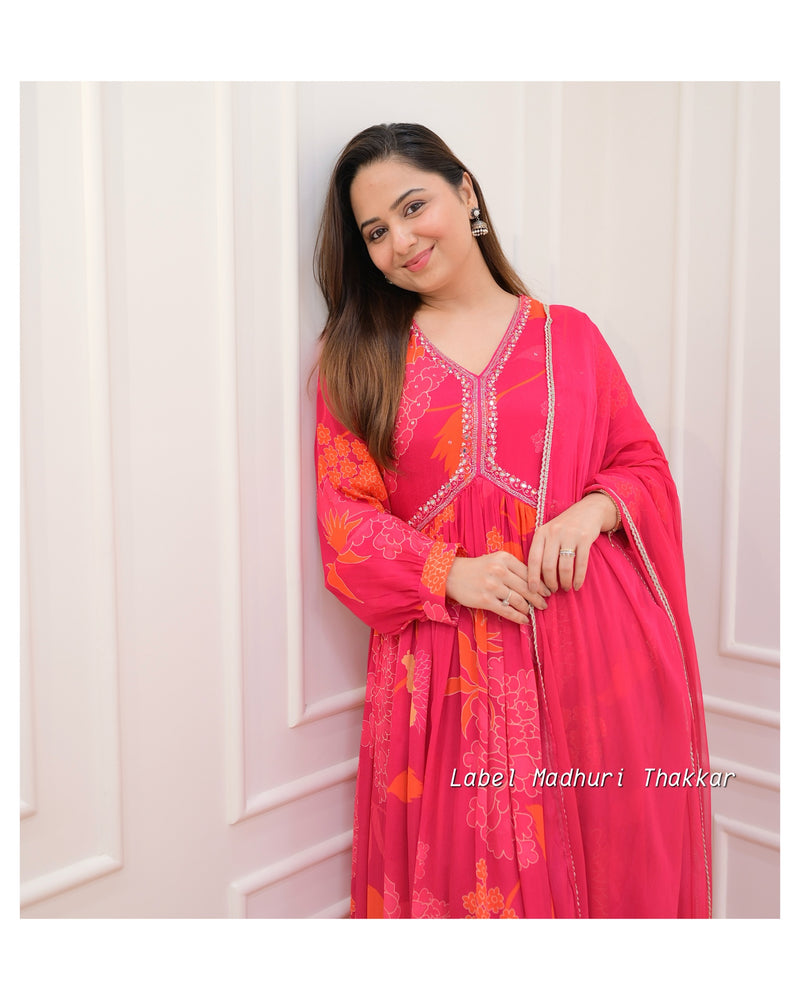 Rani Pink Handwork Floral Anarkali