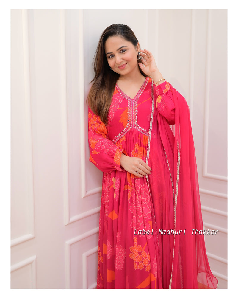 Rani Pink Handwork Floral Anarkali