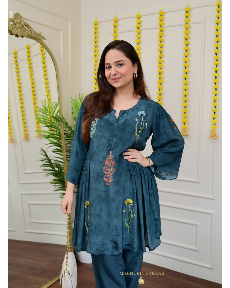 Navy Blue Handwork Muslin Crepe Co-ord