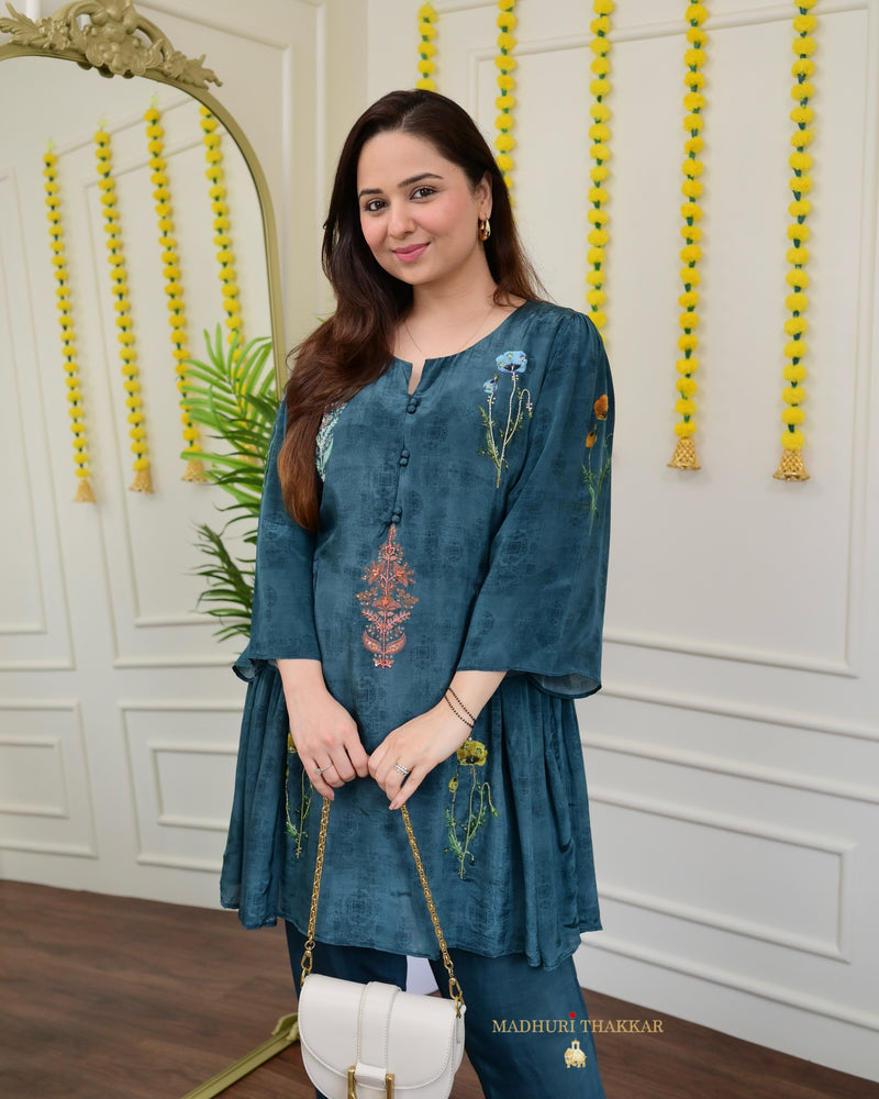 Navy Blue Handwork Muslin Crepe Co-ord