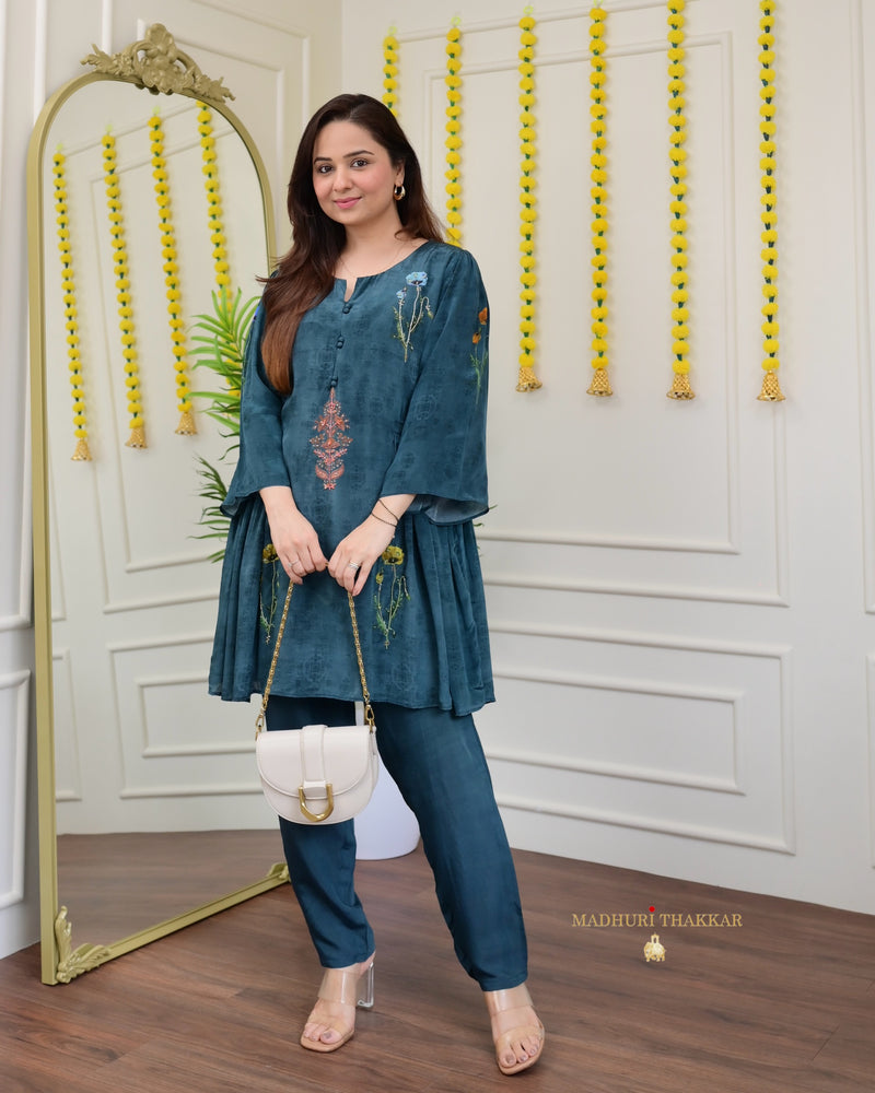 Navy Blue Handwork Muslin Crepe Co-ord