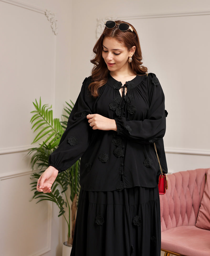 Black Rose Bloom Cotton Skirt Set