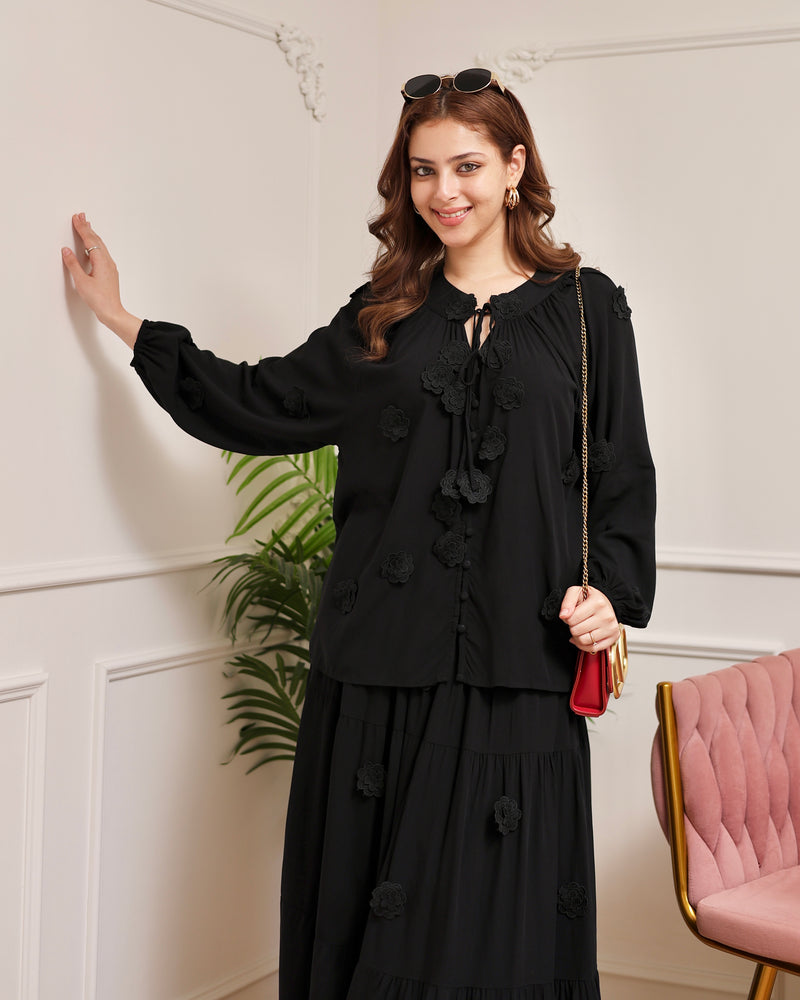 Black Rose Bloom Cotton Skirt Set