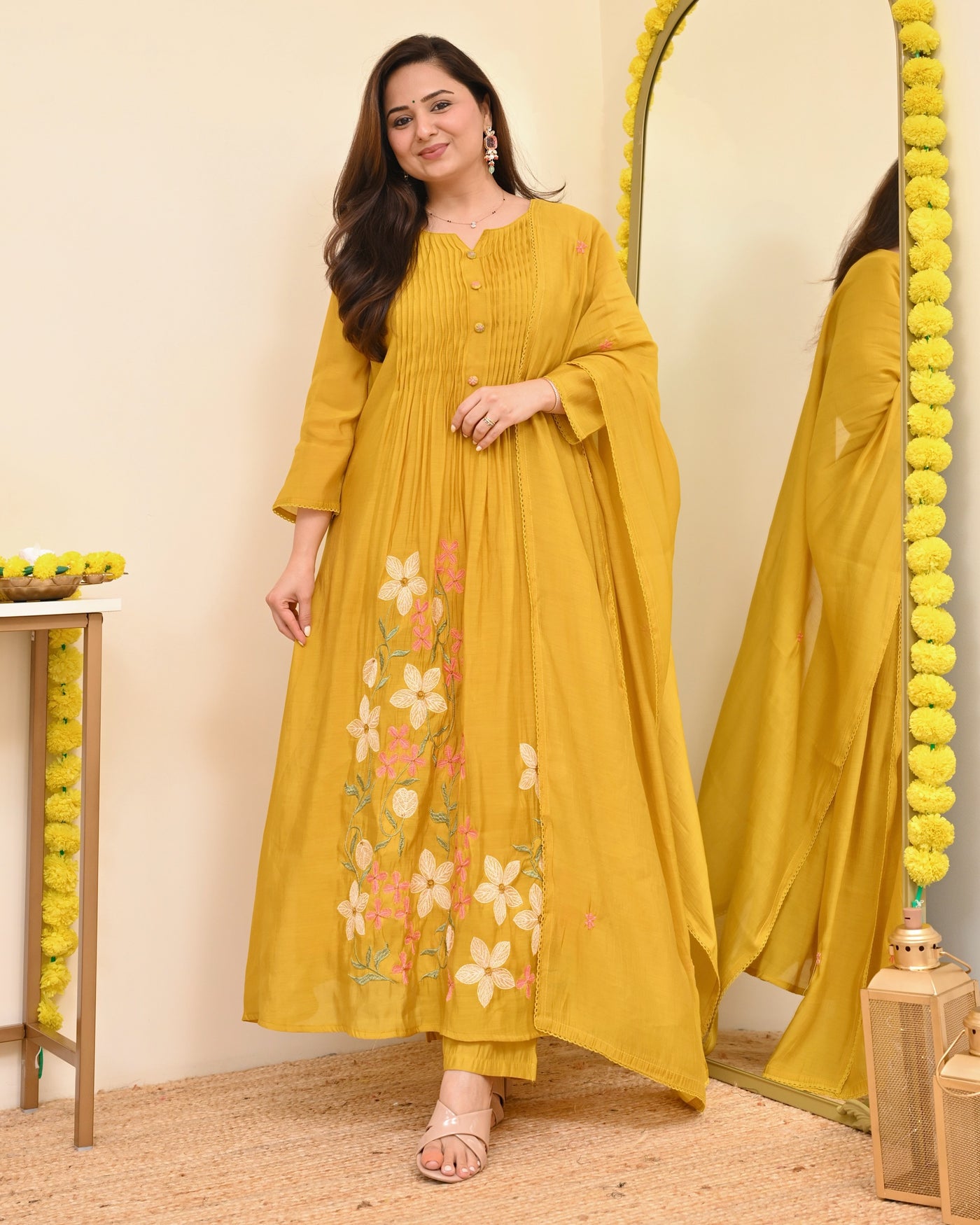 Mustard Blossom Threaded Mul Chanderi A Line Suit