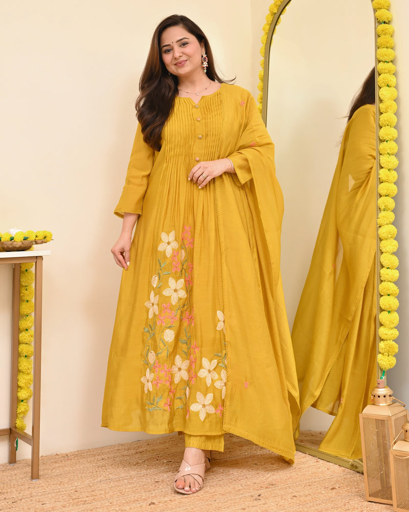 Mustard Blossom Threaded Mul Chanderi A Line Suit