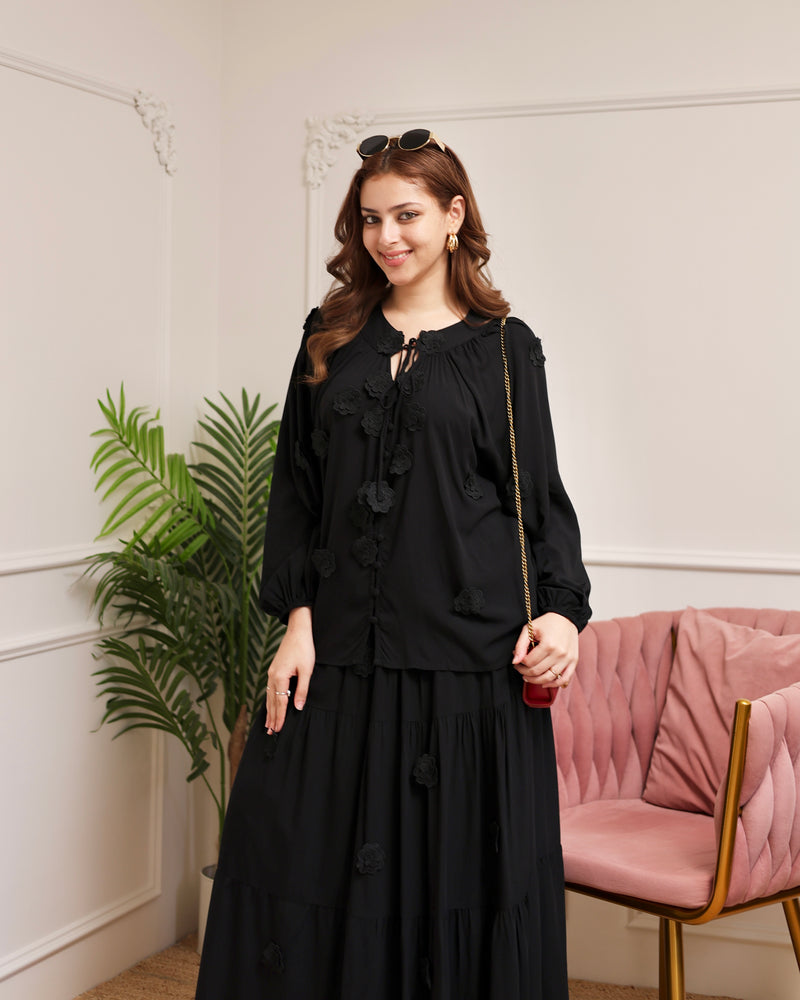 Black Rose Bloom Cotton Skirt Set