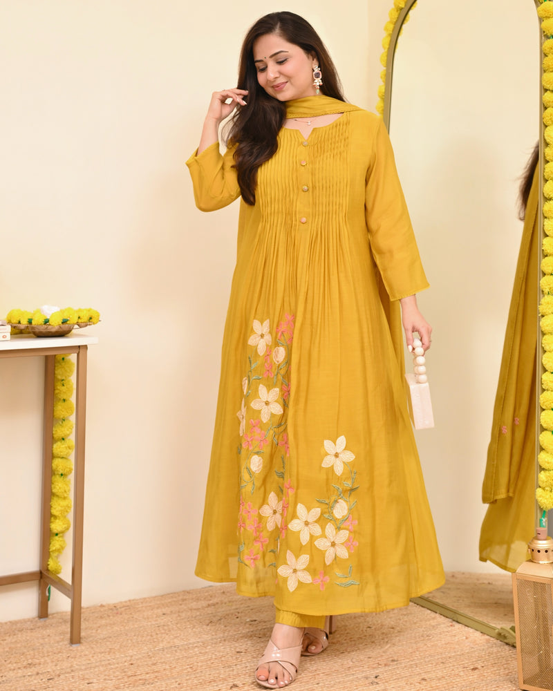 Mustard Blossom Threaded Mul Chanderi A Line Suit